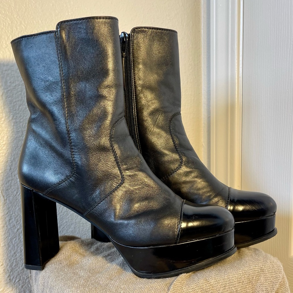 Stuart Weitzman Black Napa Leather & Patent Leather Platform Ankle Boots